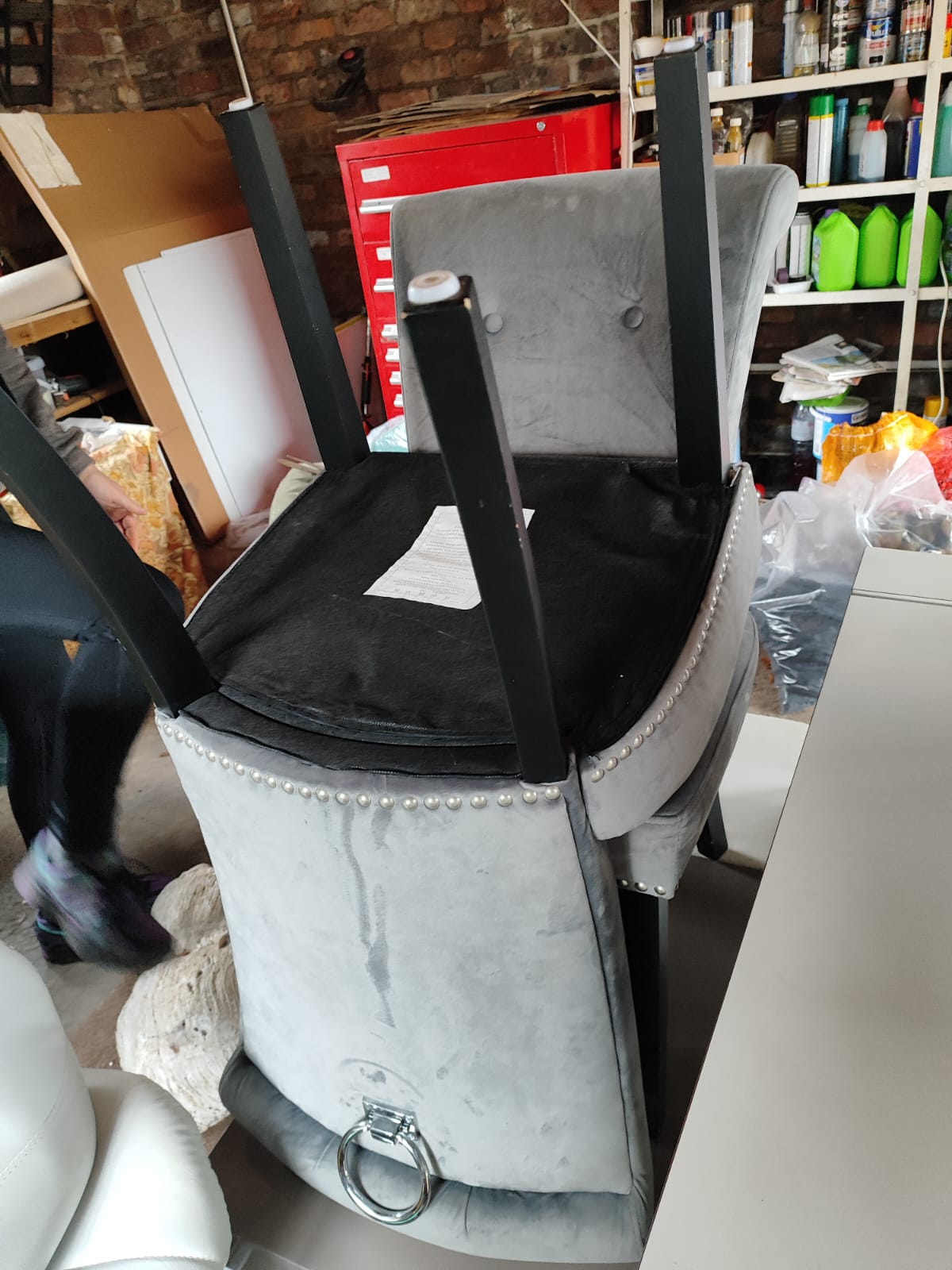 REM 3 Client Chairs in grey / silver velvet. Studded cushioned back